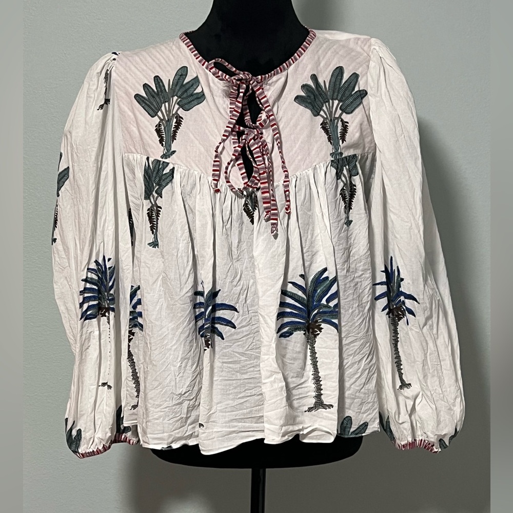CHARINA SARTE Balloon Sleeve Palm Tree Blouse - S